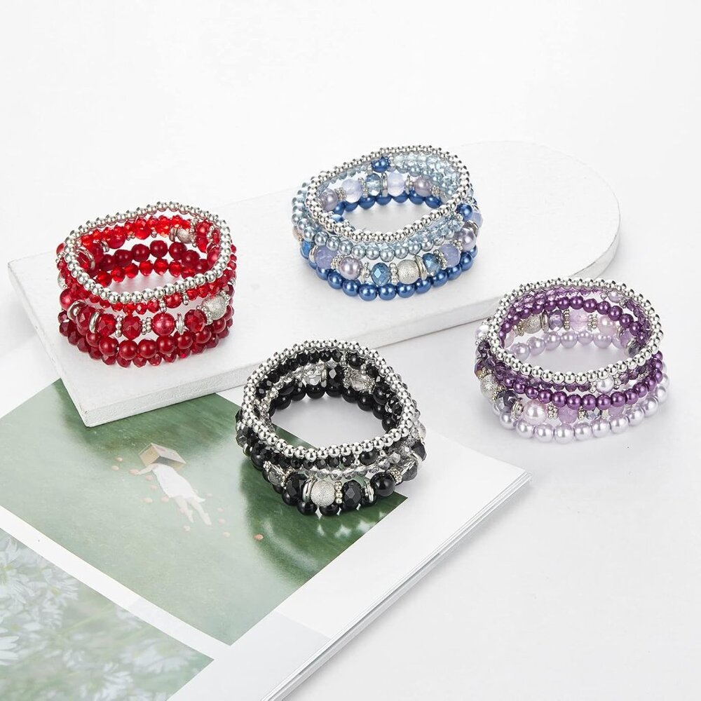 Beaded Pearl Silver Stackable Bracelets Crystal G… - image 7
